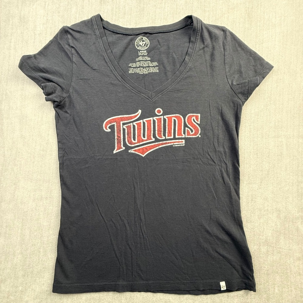 47 Brand Minnesota Twins MLB Womens V-Neck Graphic T-Shirt Navy Blue Large